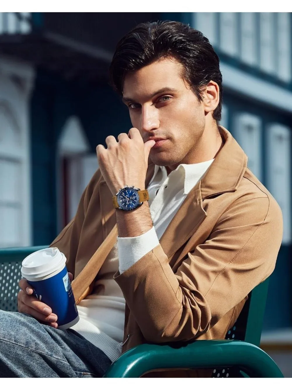 Mens Brown Blue Analog Silicone Strap Chronograph Luminous Designer Casual Watch